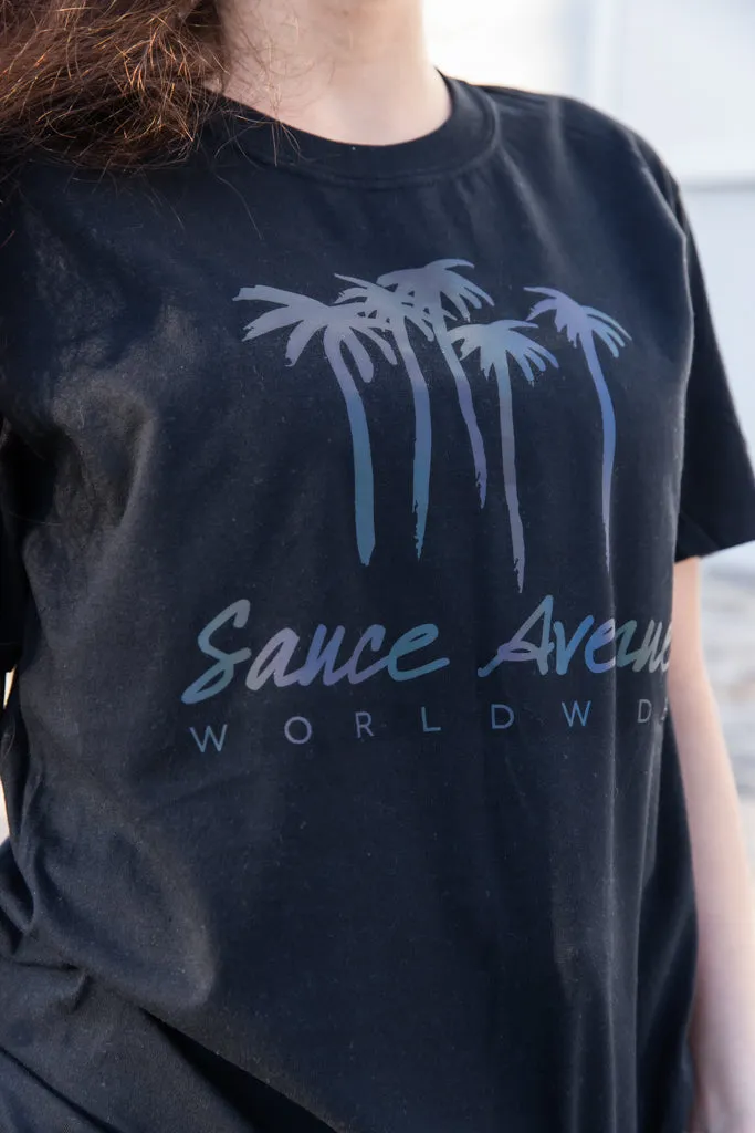 Holographic Reflective Palm Trees SA Worldwide | Black Tee