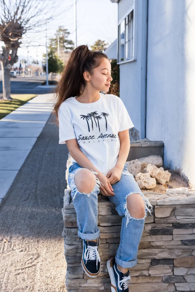 Holographic Reflective Palm Trees SA Worldwide | White Tee