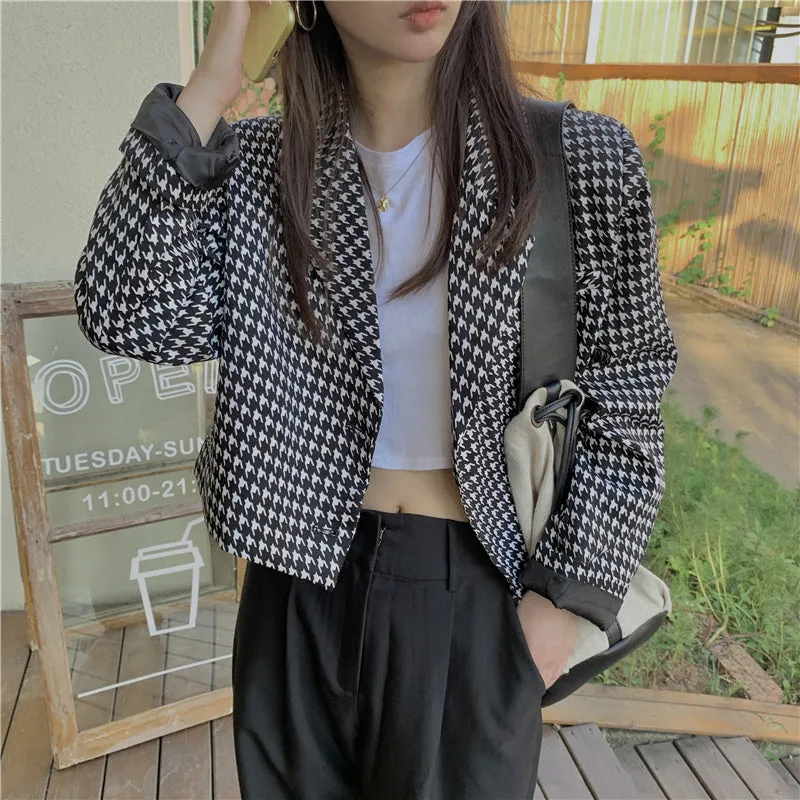 Houndstooth Pattern Long Sleeve Blazer Jacket