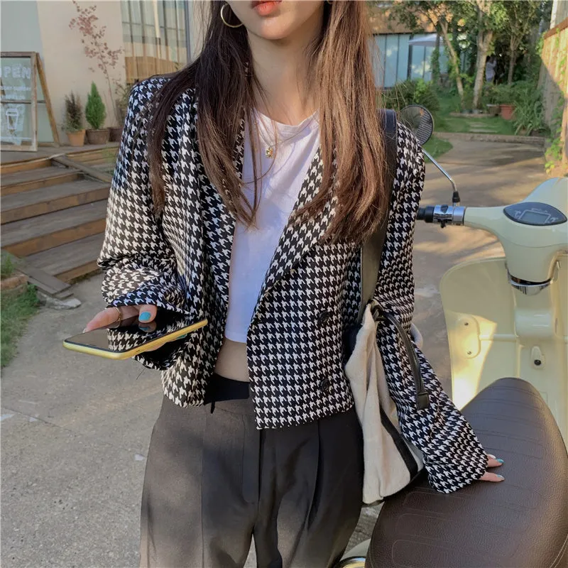 Houndstooth Pattern Long Sleeve Blazer Jacket