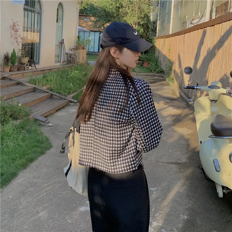 Houndstooth Pattern Long Sleeve Blazer Jacket