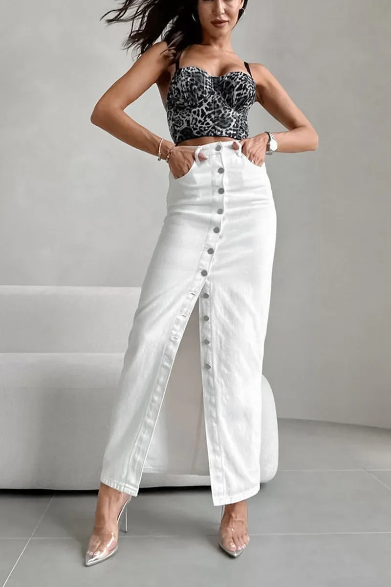 HQT1148 Sleek Button-Up Denim Skirt