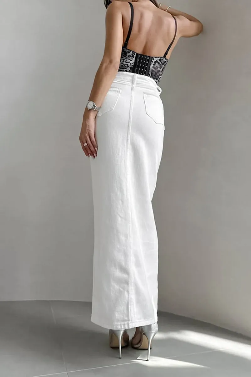 HQT1148 Sleek Button-Up Denim Skirt