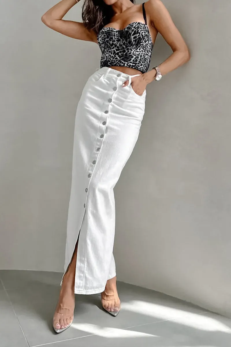 HQT1148 Sleek Button-Up Denim Skirt