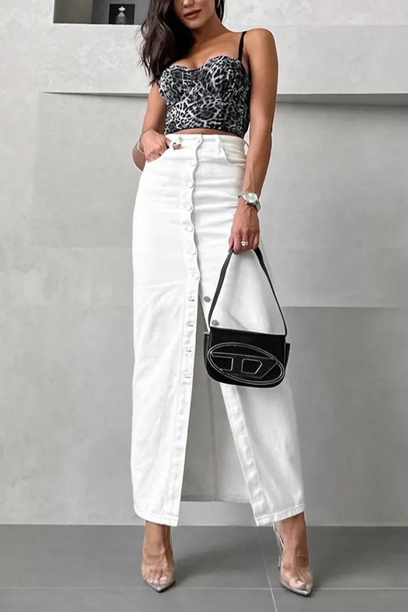 HQT1148 Sleek Button-Up Denim Skirt