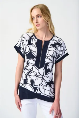 Joseph Ribkoff Midnight Blue/Vanilla Leaf Print Zip Front Asymmetric Hem Top 241032