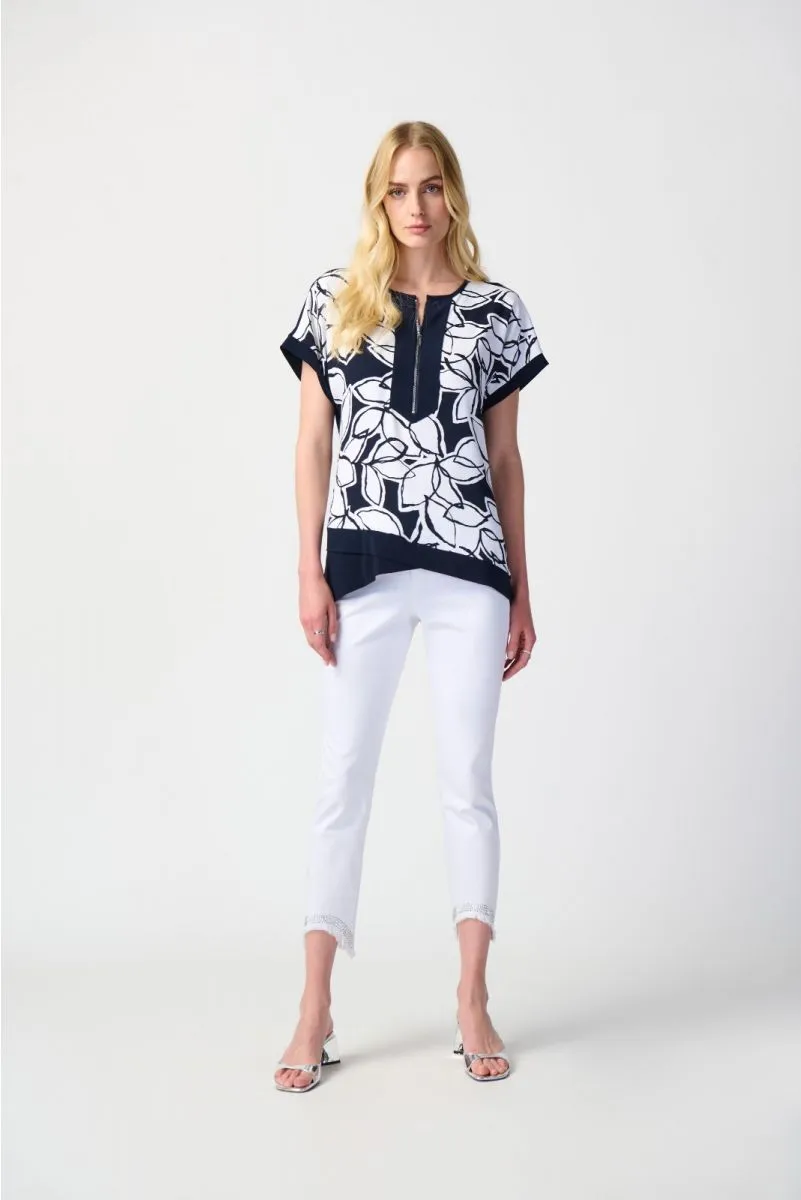 Joseph Ribkoff Midnight Blue/Vanilla Leaf Print Zip Front Asymmetric Hem Top 241032