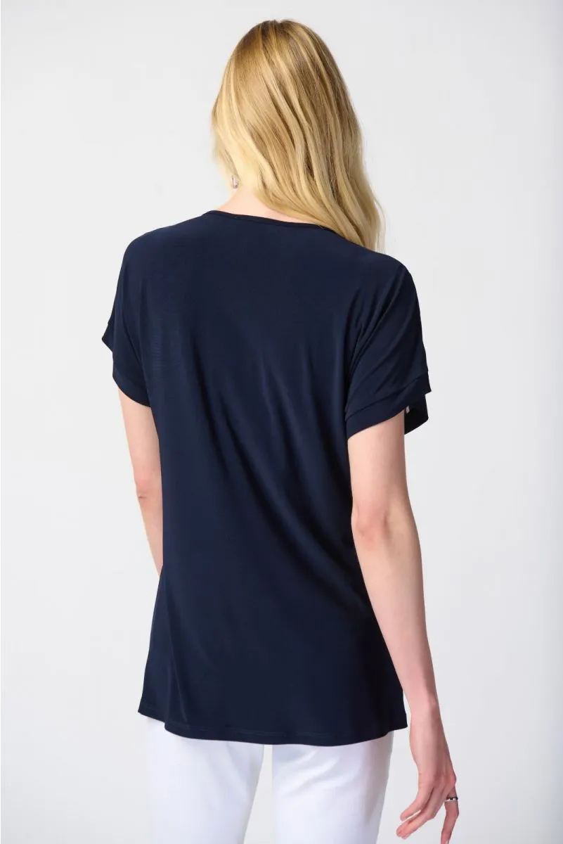 Joseph Ribkoff Midnight Blue/Vanilla Leaf Print Zip Front Asymmetric Hem Top 241032