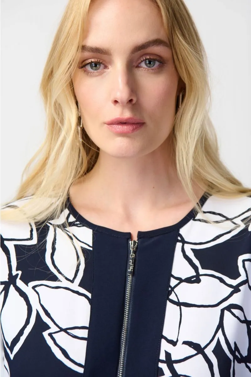 Joseph Ribkoff Midnight Blue/Vanilla Leaf Print Zip Front Asymmetric Hem Top 241032