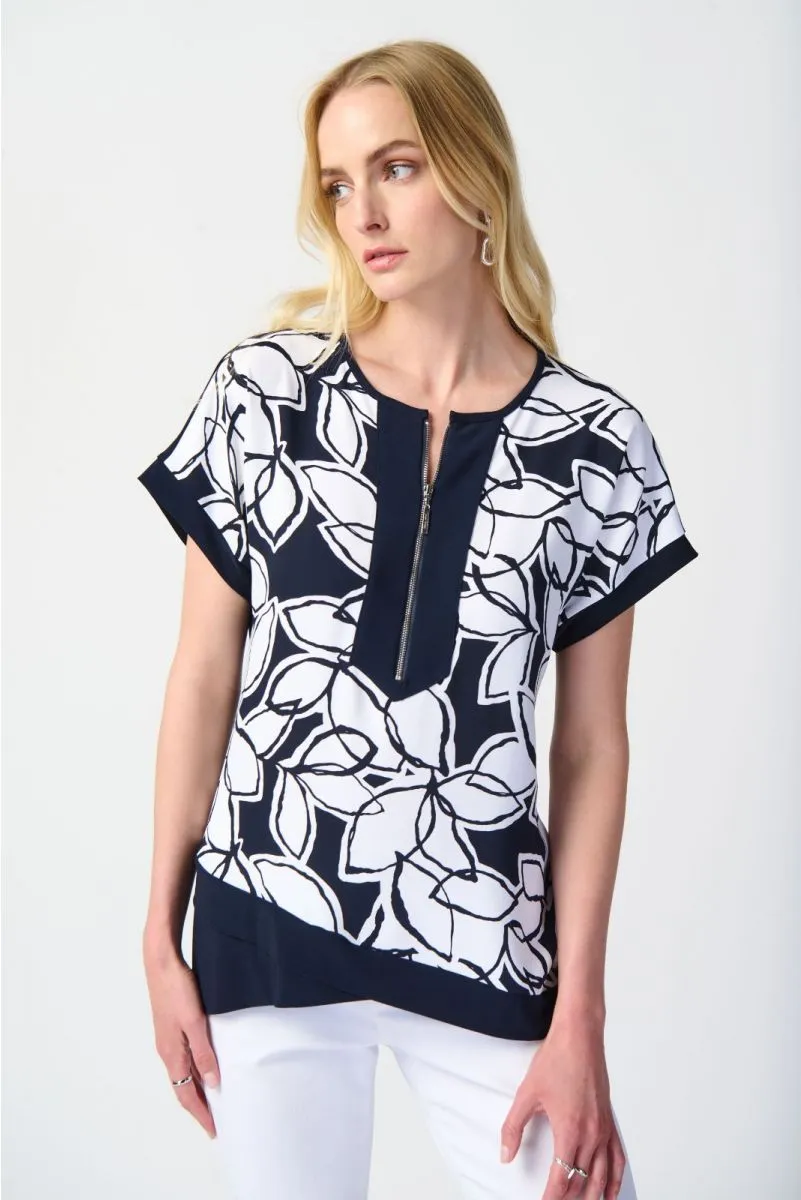 Joseph Ribkoff Midnight Blue/Vanilla Leaf Print Zip Front Asymmetric Hem Top 241032
