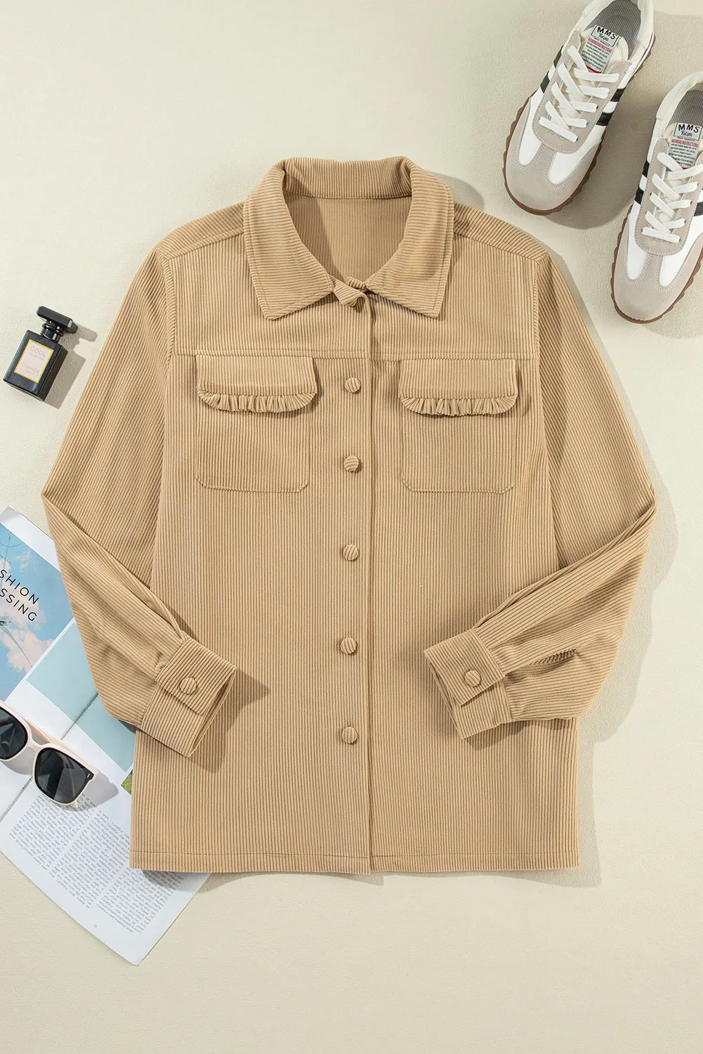 KaleaBoutique Solid Frilled Flap Pocket Button Up Corduroy Shacket