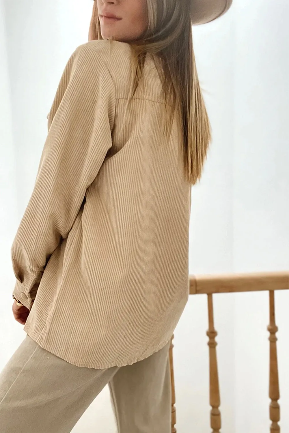 KaleaBoutique Solid Frilled Flap Pocket Button Up Corduroy Shacket