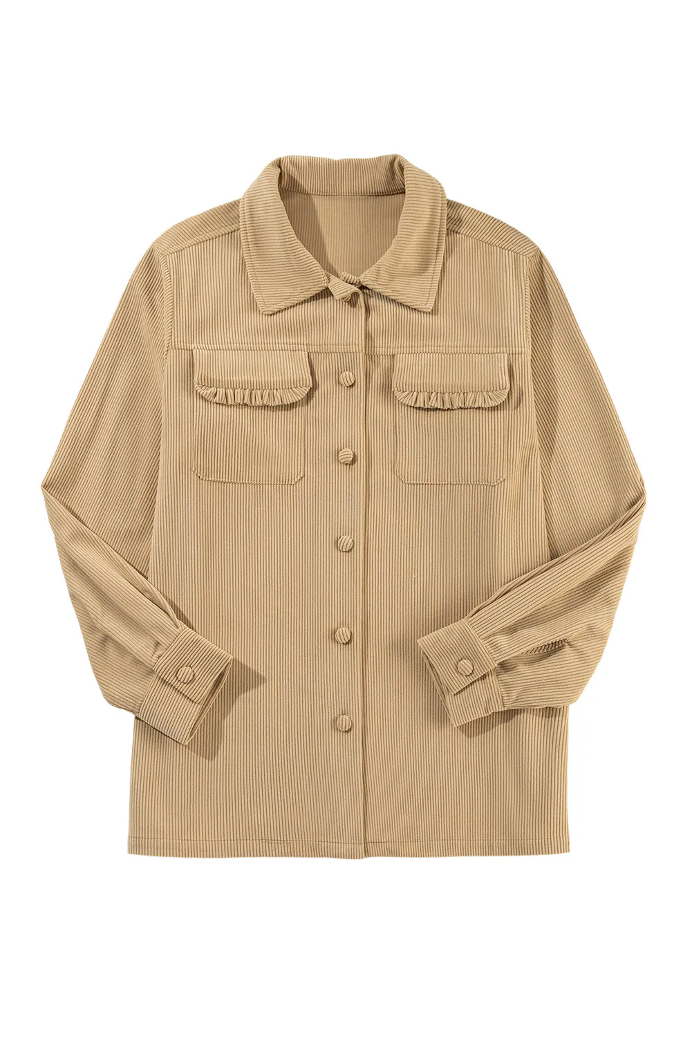 KaleaBoutique Solid Frilled Flap Pocket Button Up Corduroy Shacket