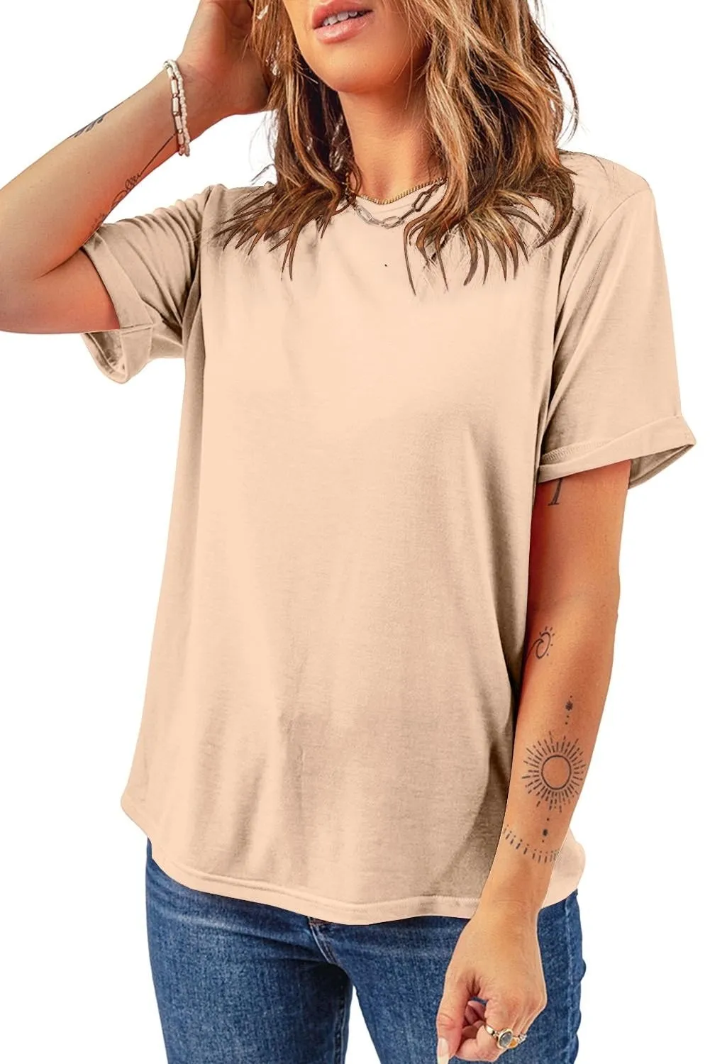 Khaki Casual Plain Crew Neck Tee