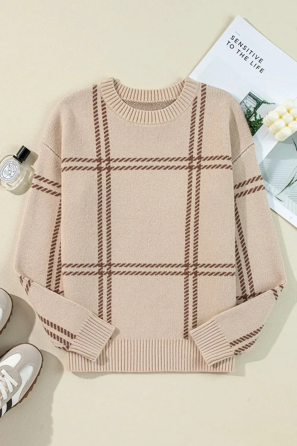 Lauren Plaid Round Neck Dropped Shoulder Sweater