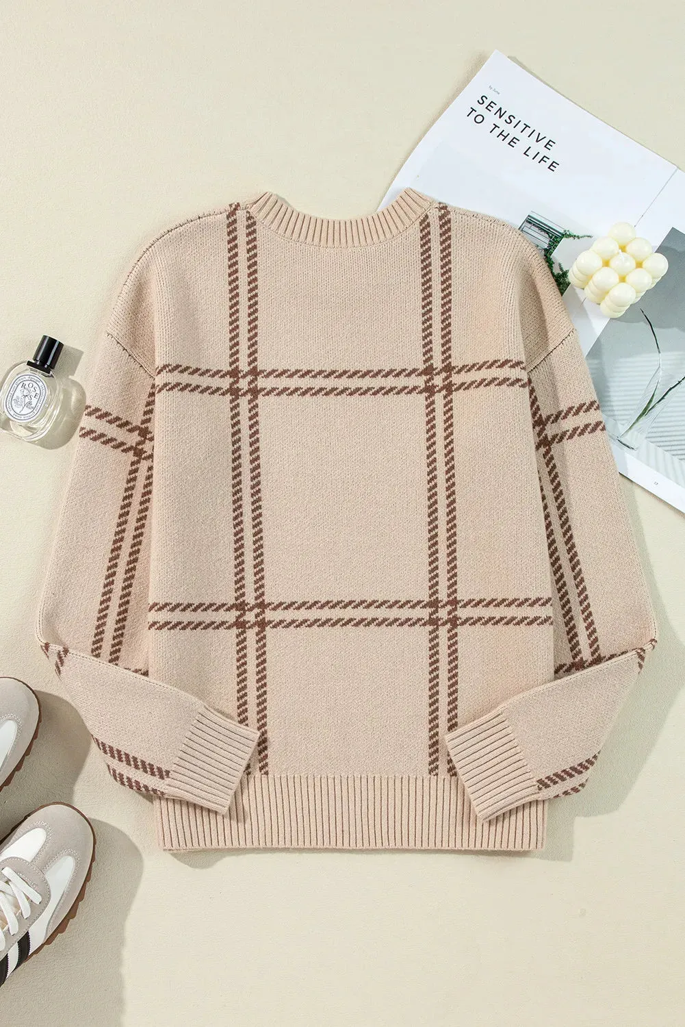 Lauren Plaid Round Neck Dropped Shoulder Sweater