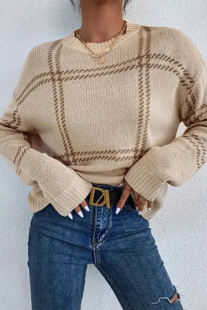 Lauren Plaid Round Neck Dropped Shoulder Sweater