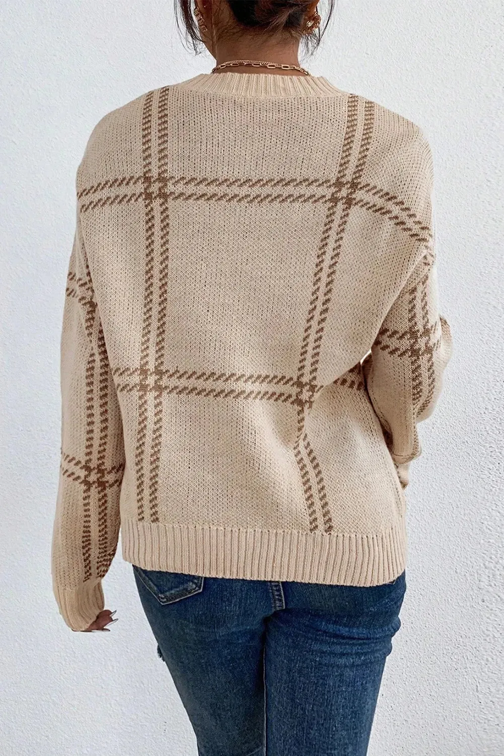 Lauren Plaid Round Neck Dropped Shoulder Sweater