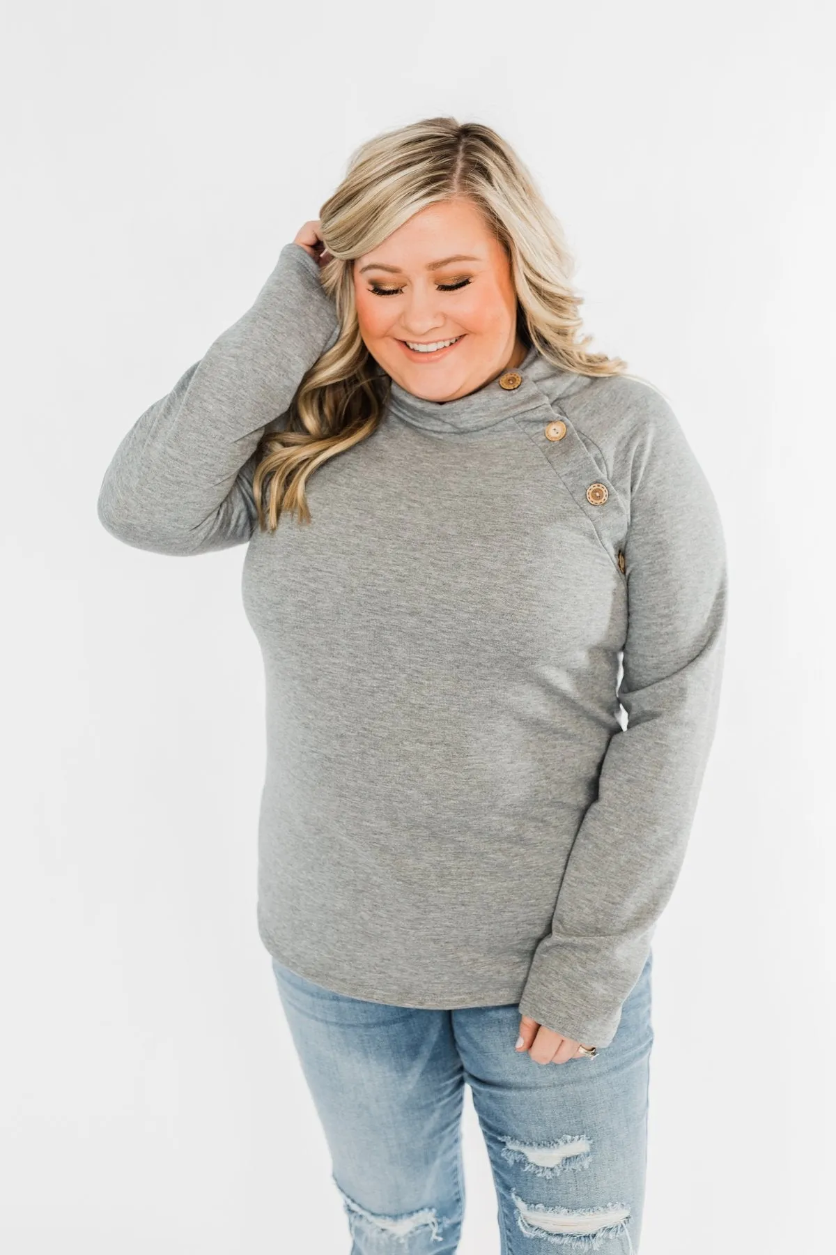 Life Goes On Button Detail Pullover Top- Grey
