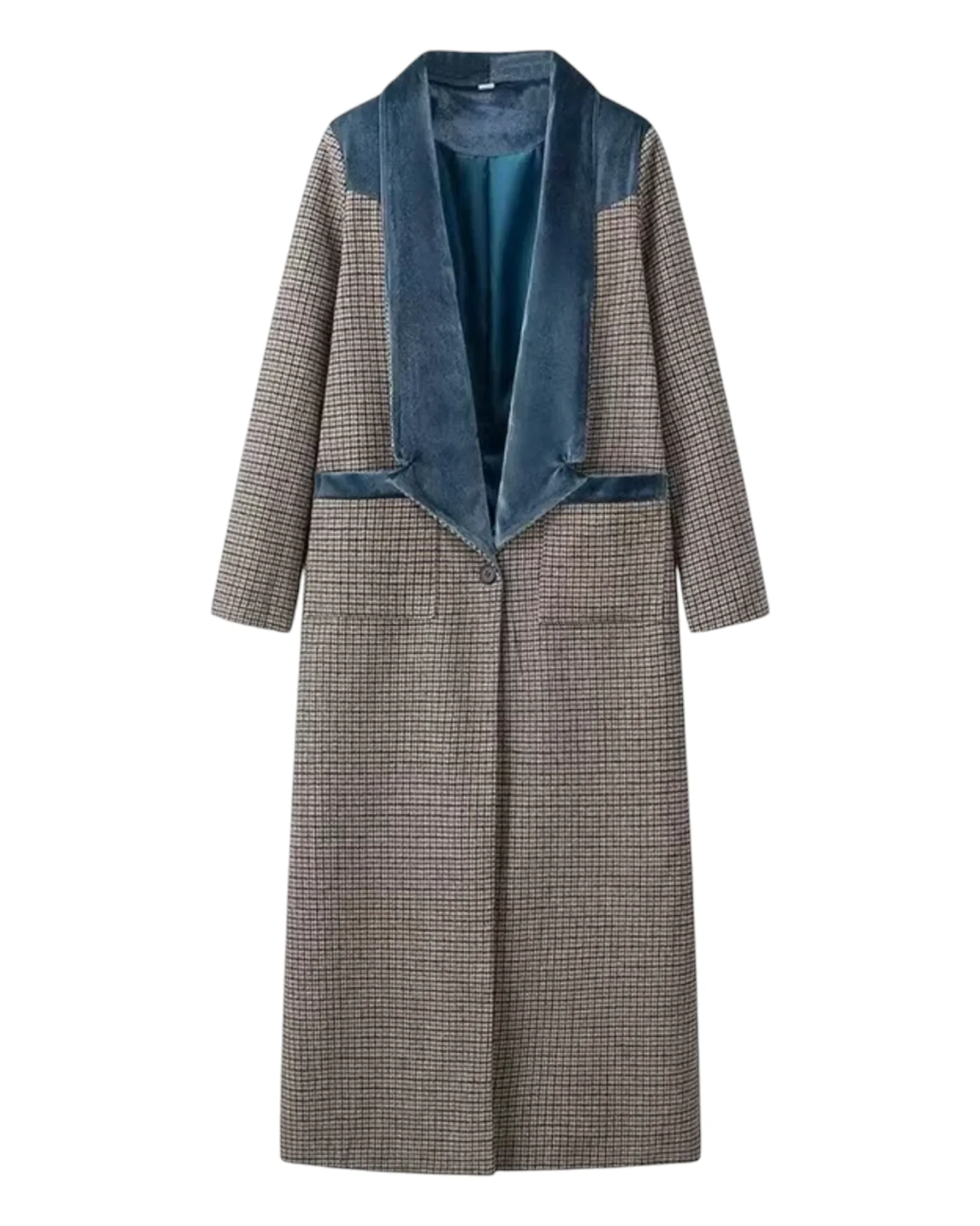 Long Checkered Overcoat with Blue Velvet Trim