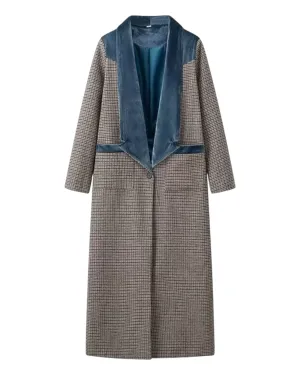 Long Checkered Overcoat with Blue Velvet Trim