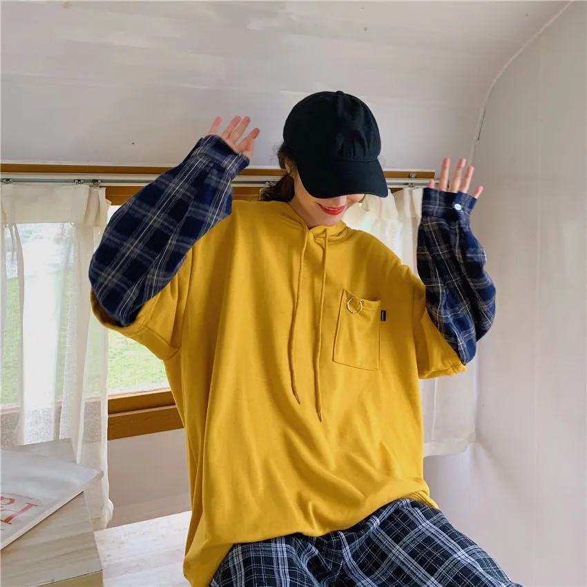 Long Sleeve Fake Two Piece Hooded Sleeve Plaid