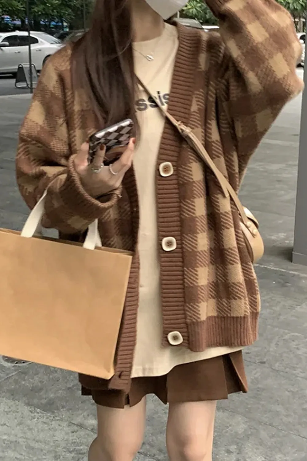Long Sleeve Grid Plaid Cardigan Sweater