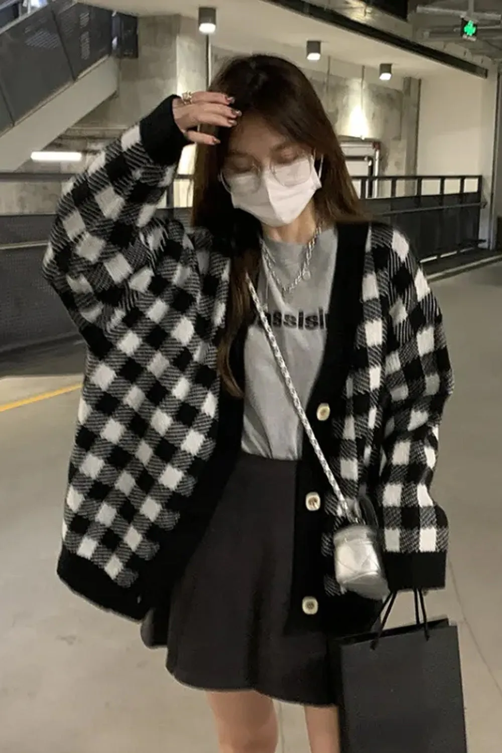 Long Sleeve Grid Plaid Cardigan Sweater