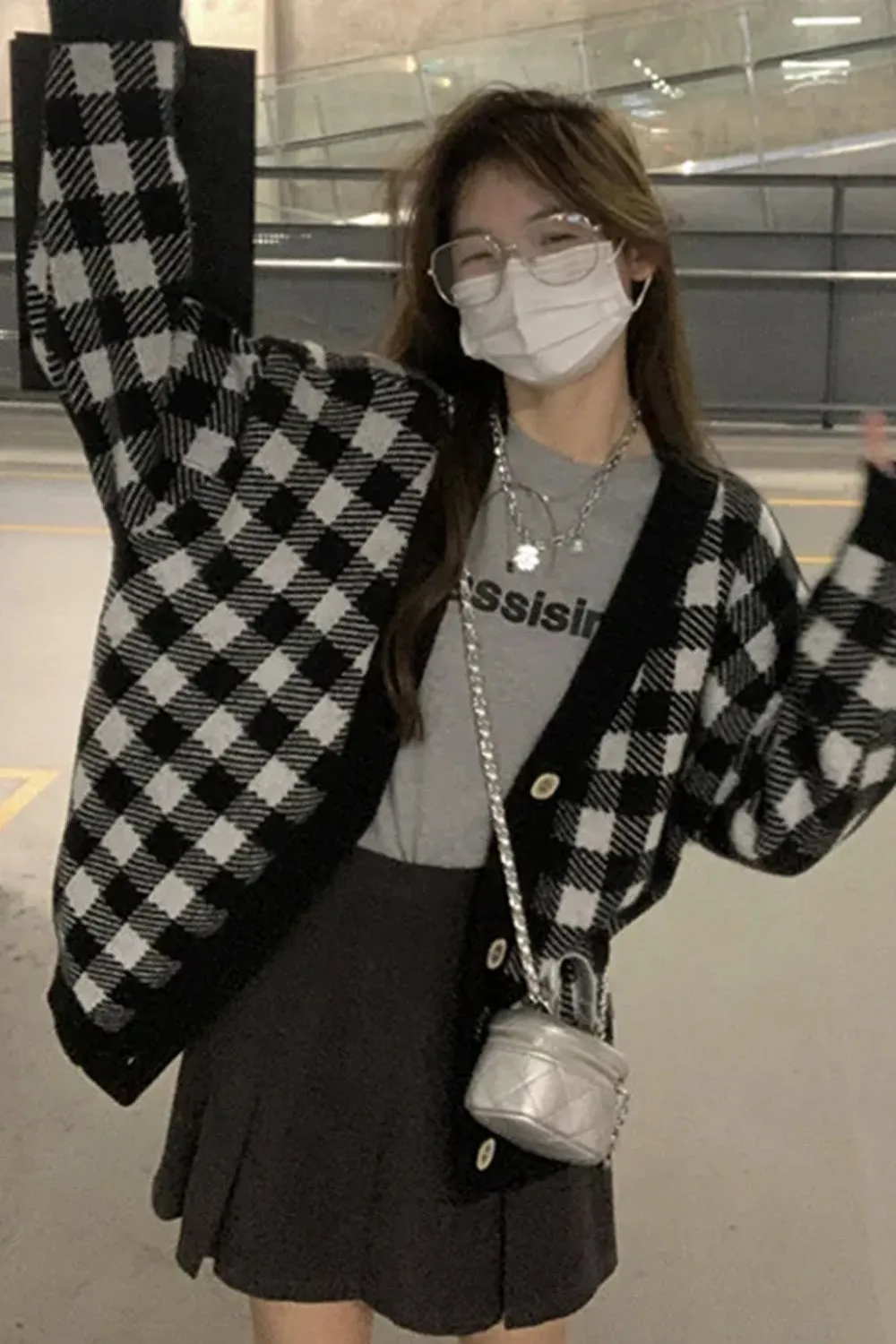 Long Sleeve Grid Plaid Cardigan Sweater