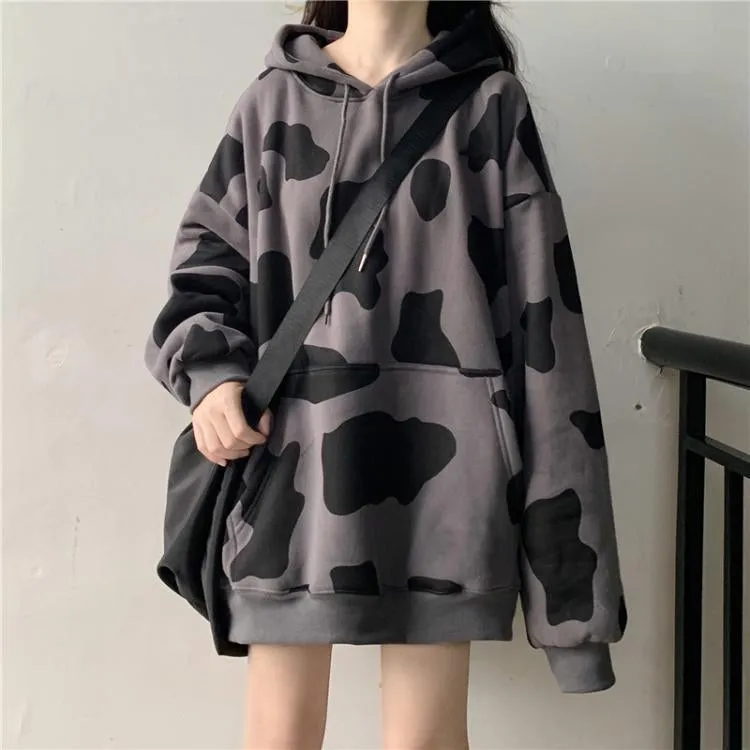 Loose Cow Pattern Printed Hooded Sweatshirt