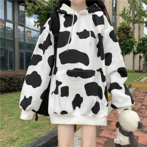 Loose Cow Pattern Printed Hooded Sweatshirt