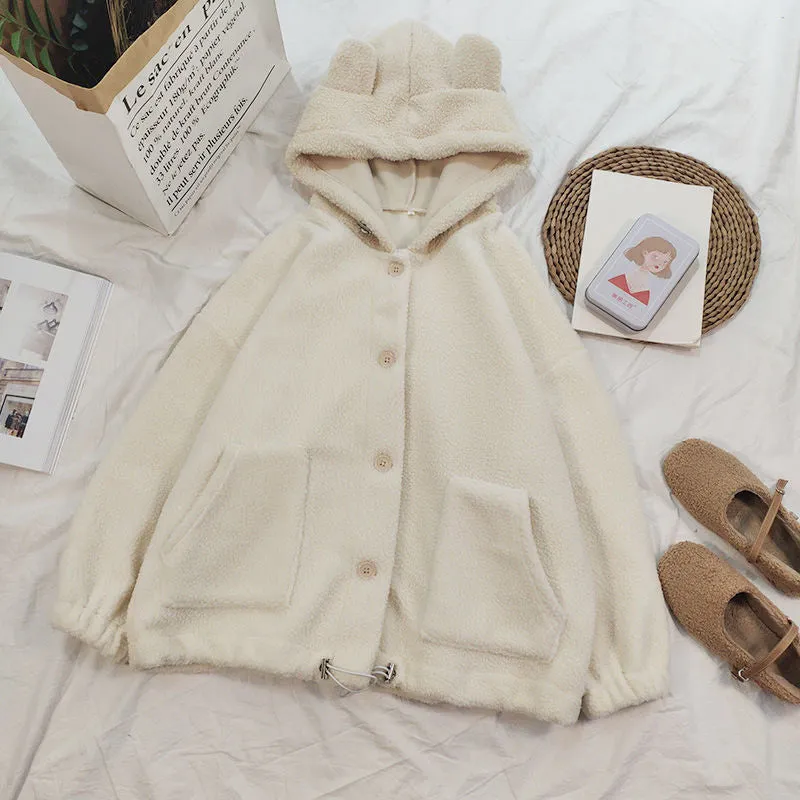 Loose Hooded Ears Fluffy Jacket