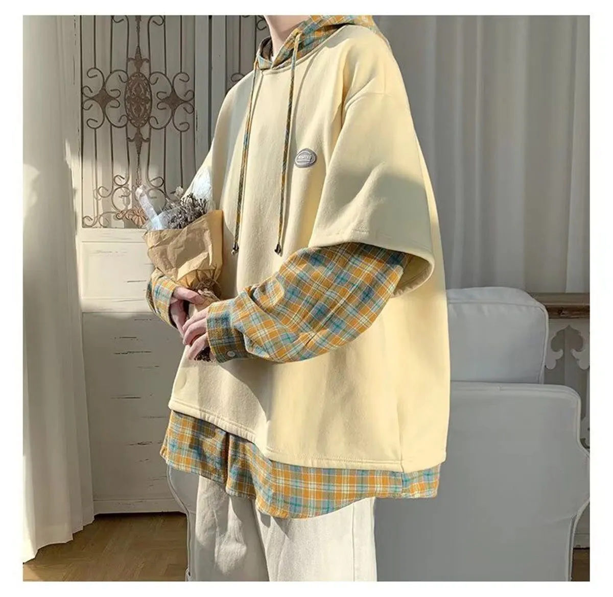 Loose Hooded Hip Hop Sleeve Plaid Hoodie