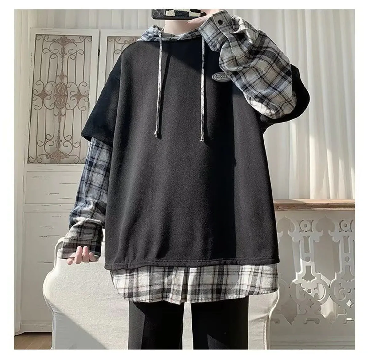 Loose Hooded Hip Hop Sleeve Plaid Hoodie