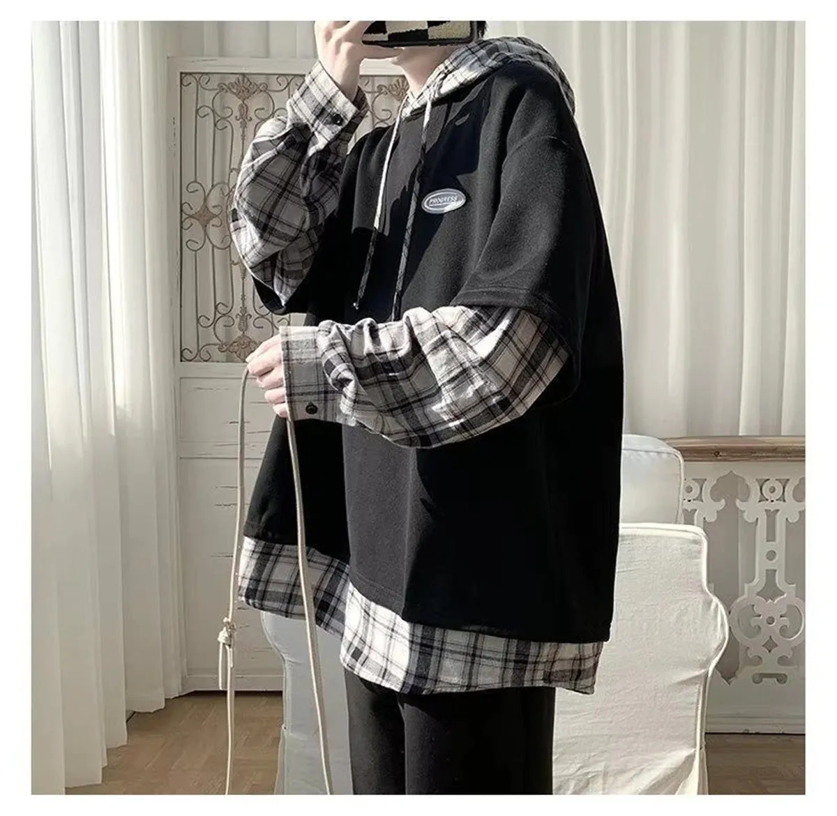 Loose Hooded Hip Hop Sleeve Plaid Hoodie