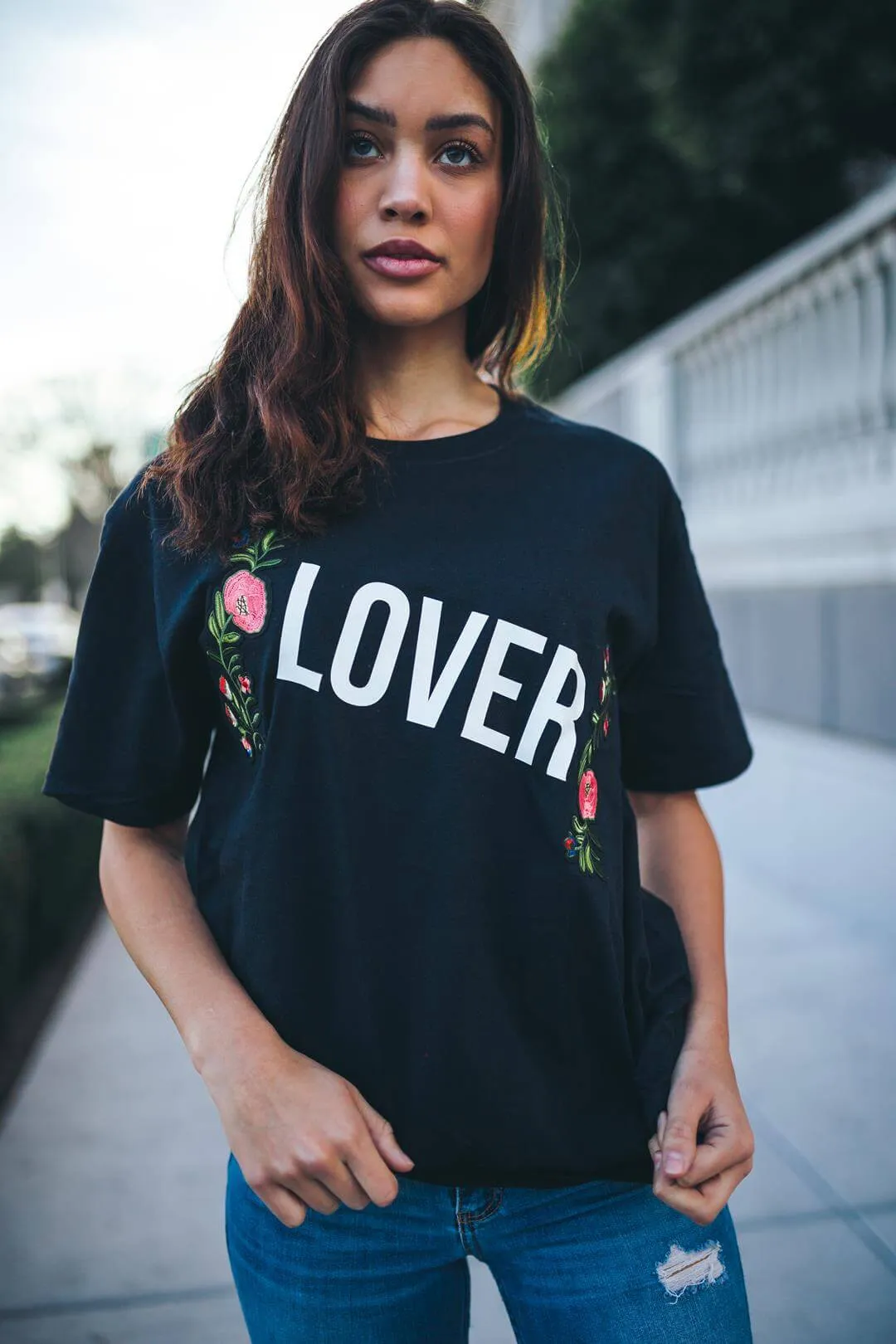 Lover (White) | Floral Black Tee (=)