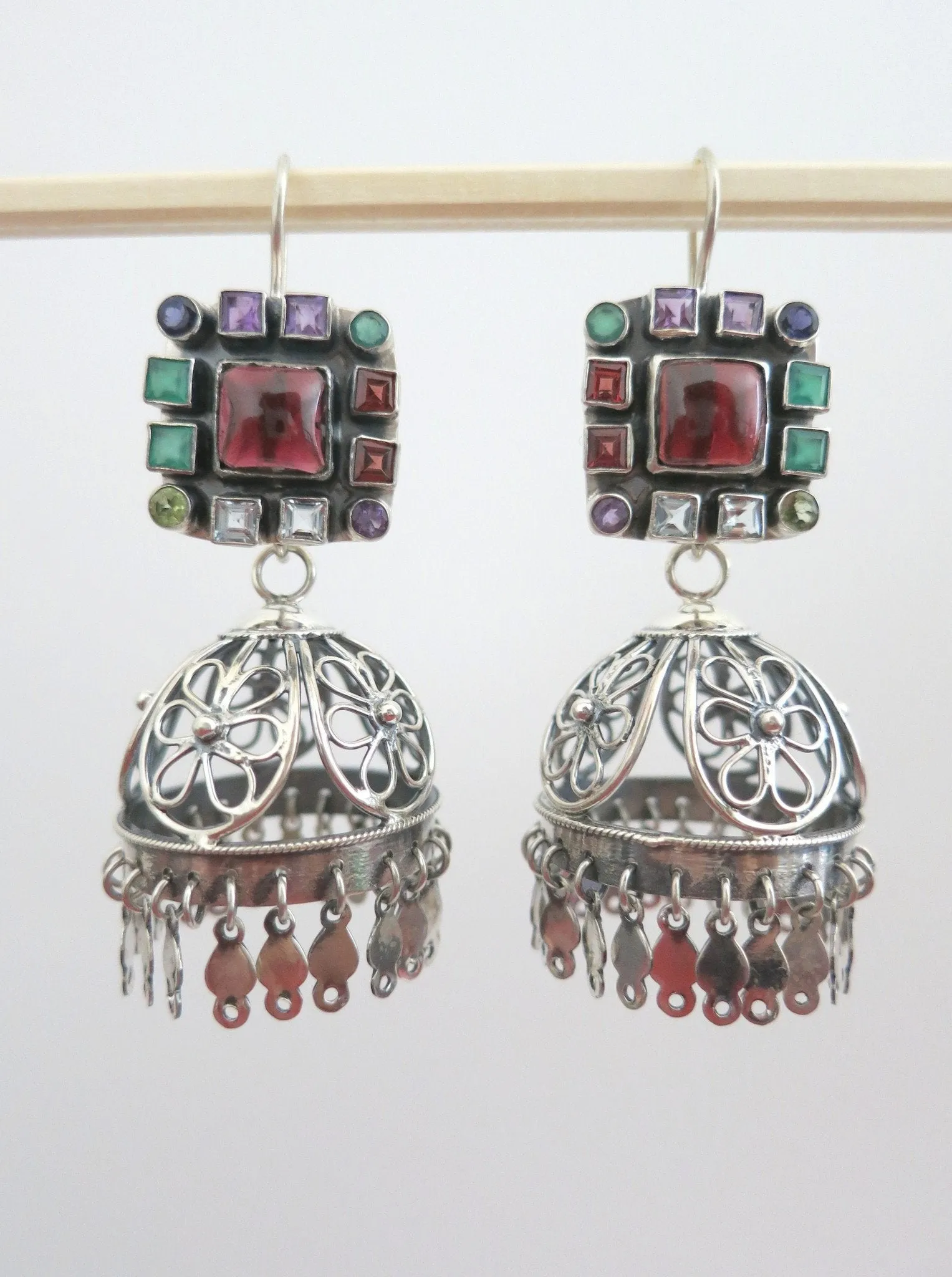 Magnificent, detachable, filigree jhumkas with square multi-color gemstone tops