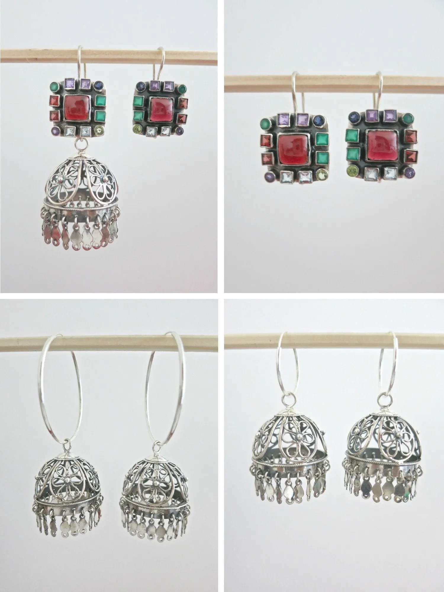 Magnificent, detachable, filigree jhumkas with square multi-color gemstone tops