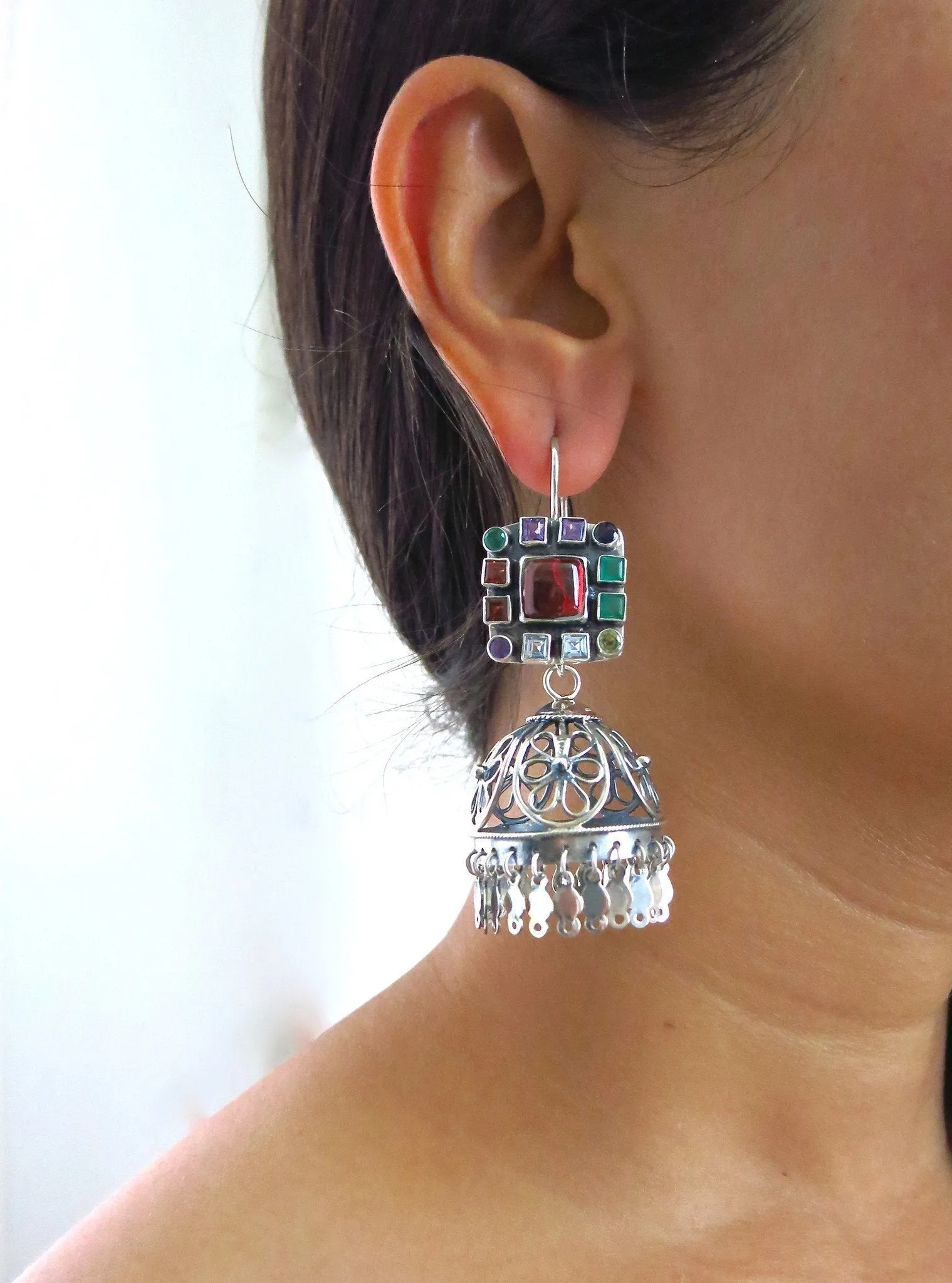 Magnificent, detachable, filigree jhumkas with square multi-color gemstone tops