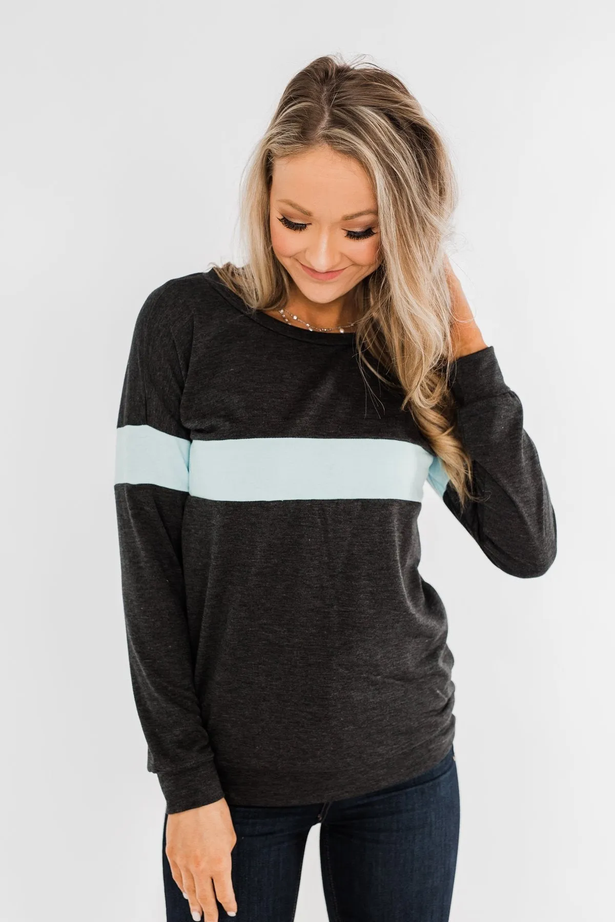 Make No Mistake Long Sleeve Top- Charcoal & Powder Blue