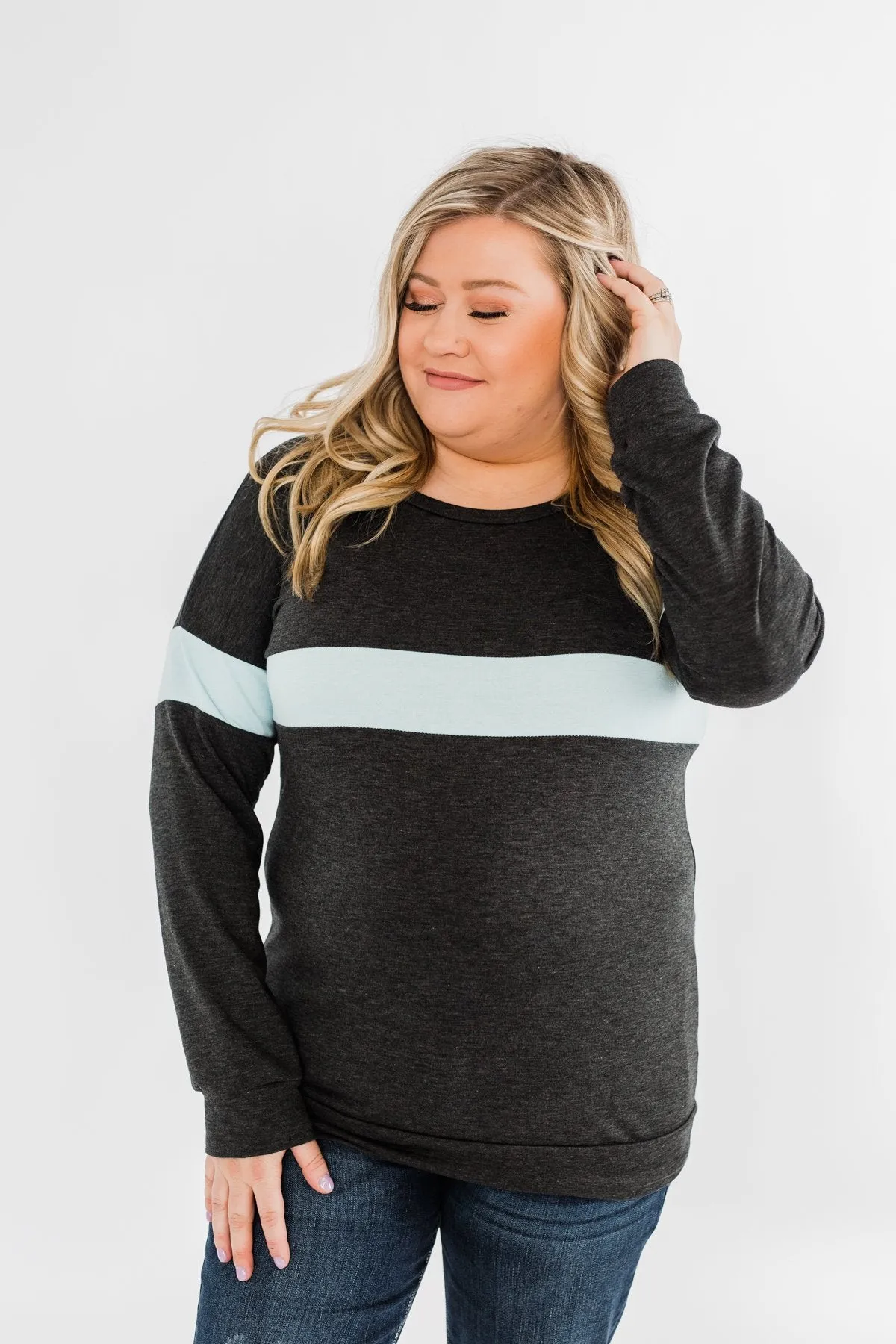 Make No Mistake Long Sleeve Top- Charcoal & Powder Blue