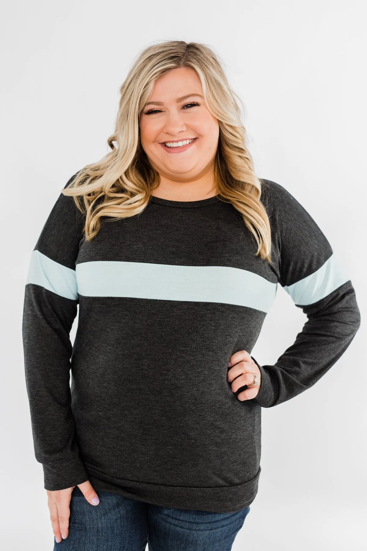 Make No Mistake Long Sleeve Top- Charcoal & Powder Blue