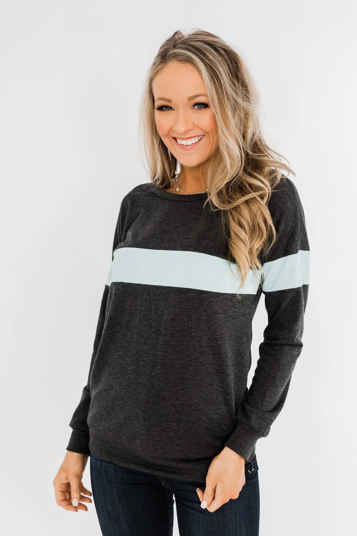 Make No Mistake Long Sleeve Top- Charcoal & Powder Blue