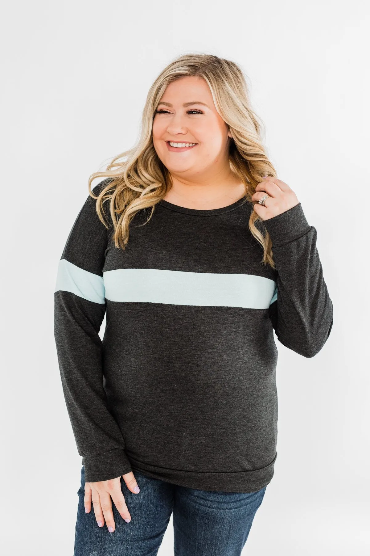 Make No Mistake Long Sleeve Top- Charcoal & Powder Blue