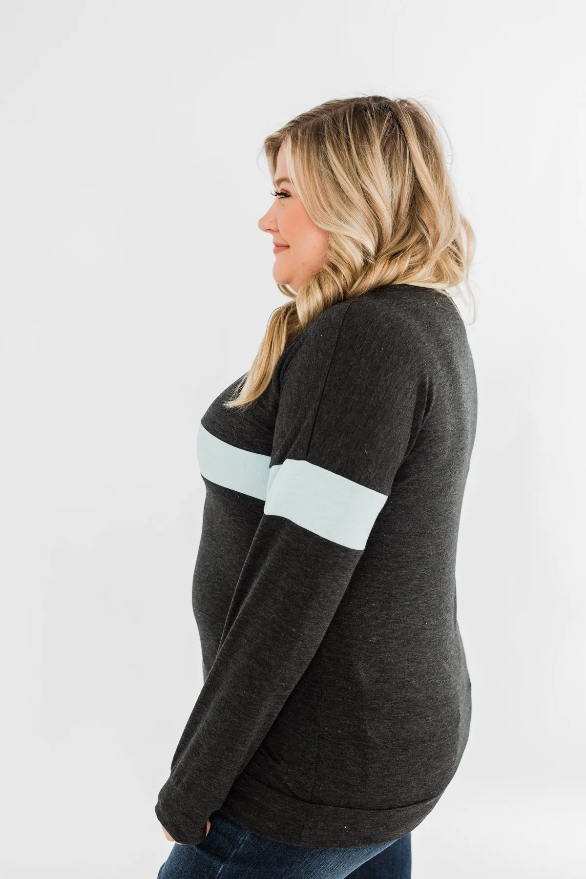 Make No Mistake Long Sleeve Top- Charcoal & Powder Blue