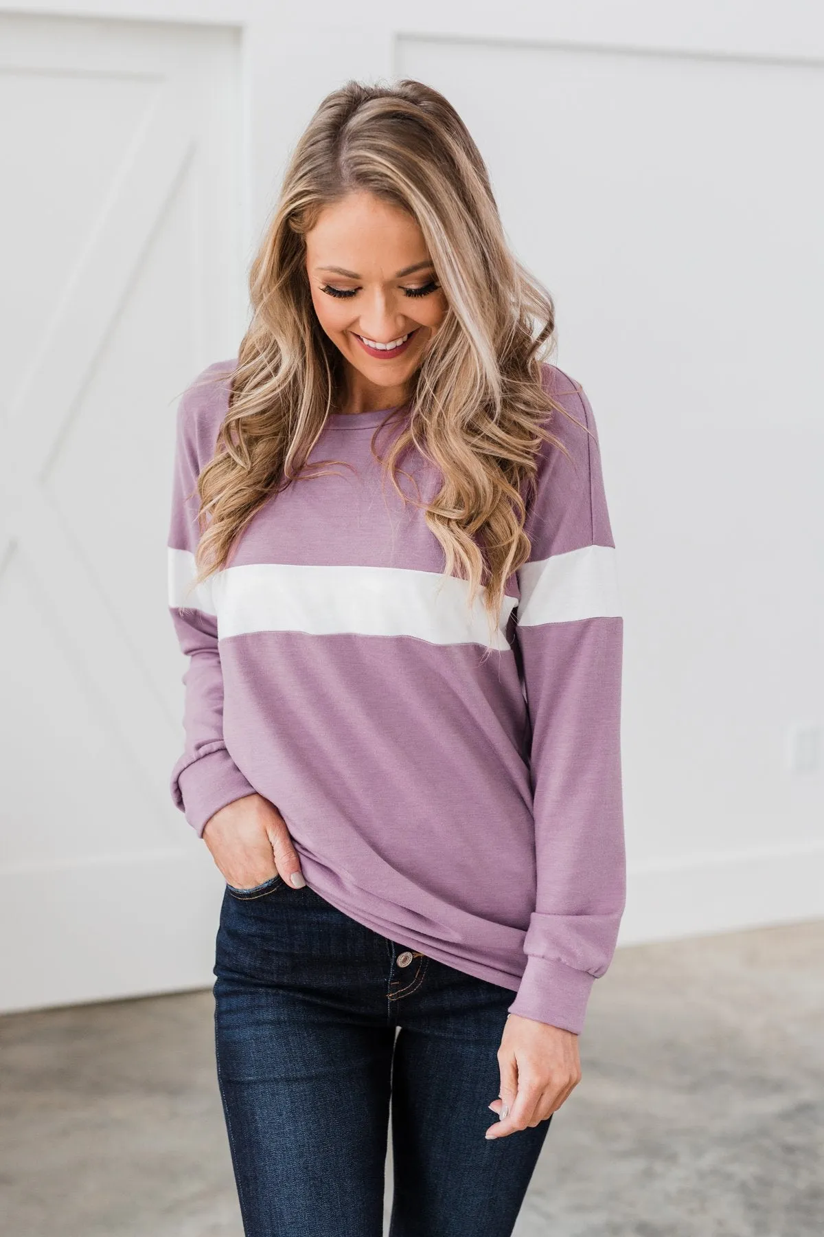 Make No Mistake Long Sleeve Top- Dark Lavender & Ivory