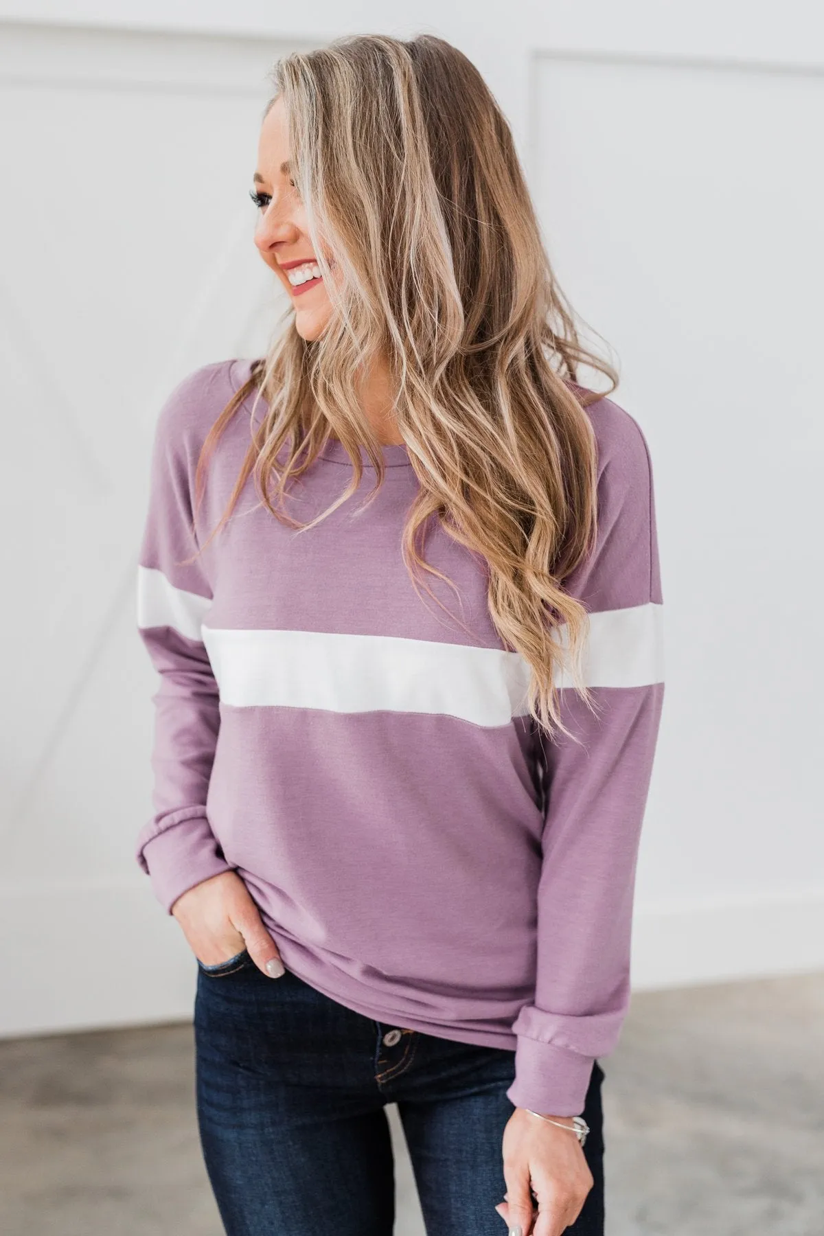 Make No Mistake Long Sleeve Top- Dark Lavender & Ivory