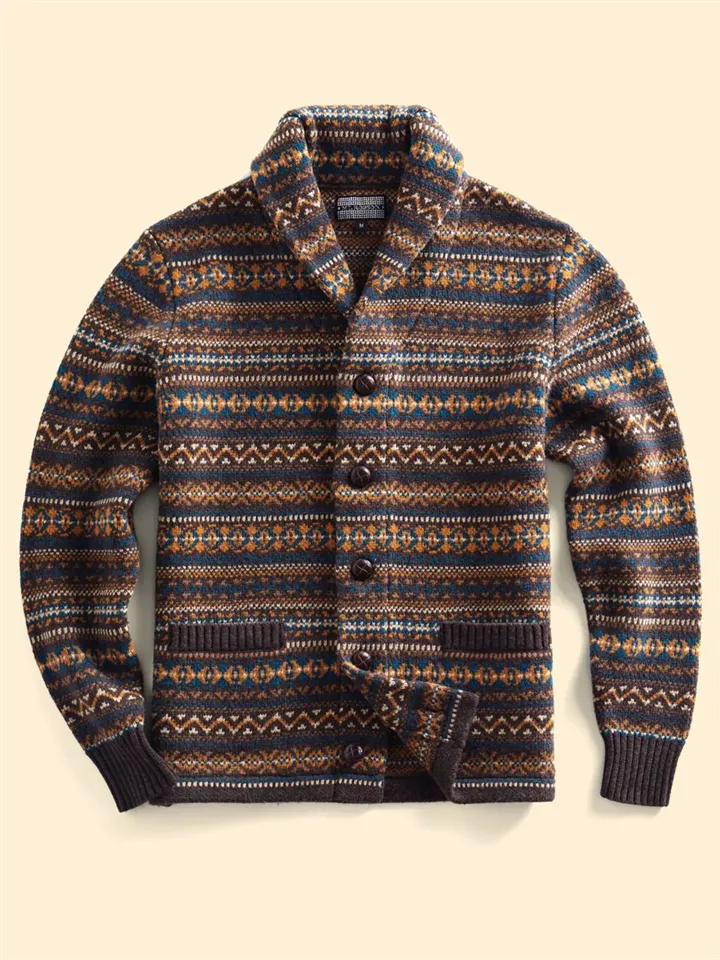 Male Retro Turn-down Collar Button Up Jacquard Sweater