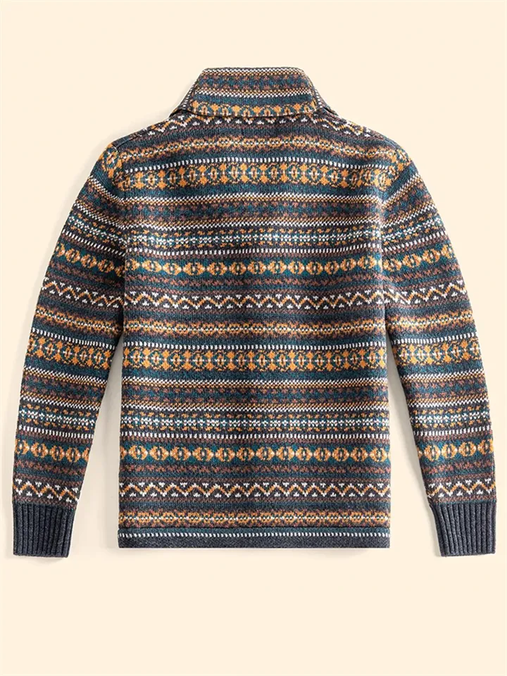 Male Retro Turn-down Collar Button Up Jacquard Sweater