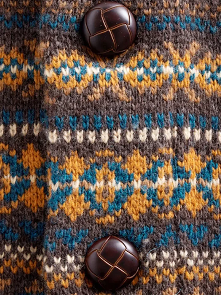 Male Retro Turn-down Collar Button Up Jacquard Sweater